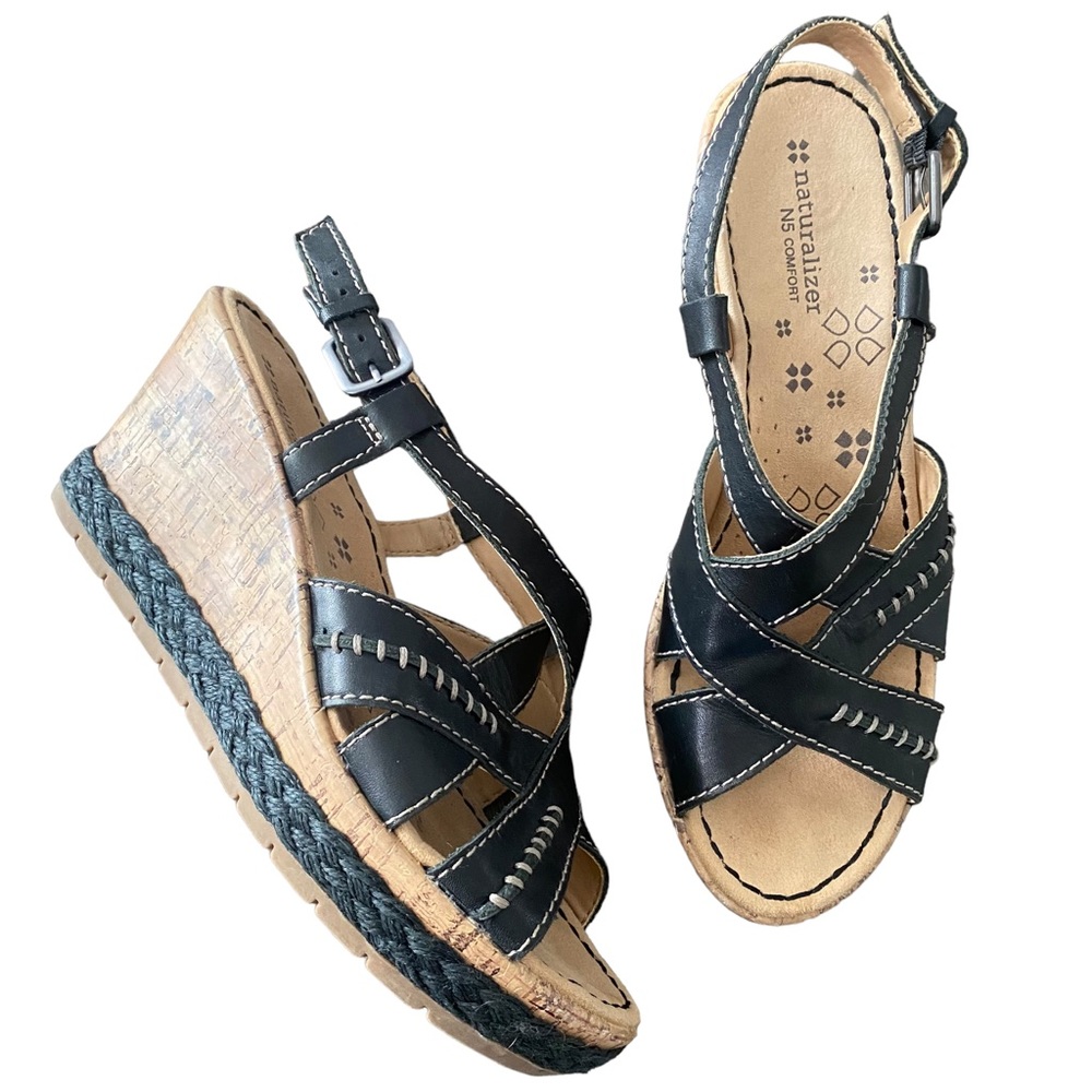 Naturalizer N5 Comfort Black Leather Strappy Cork Wedge Heel